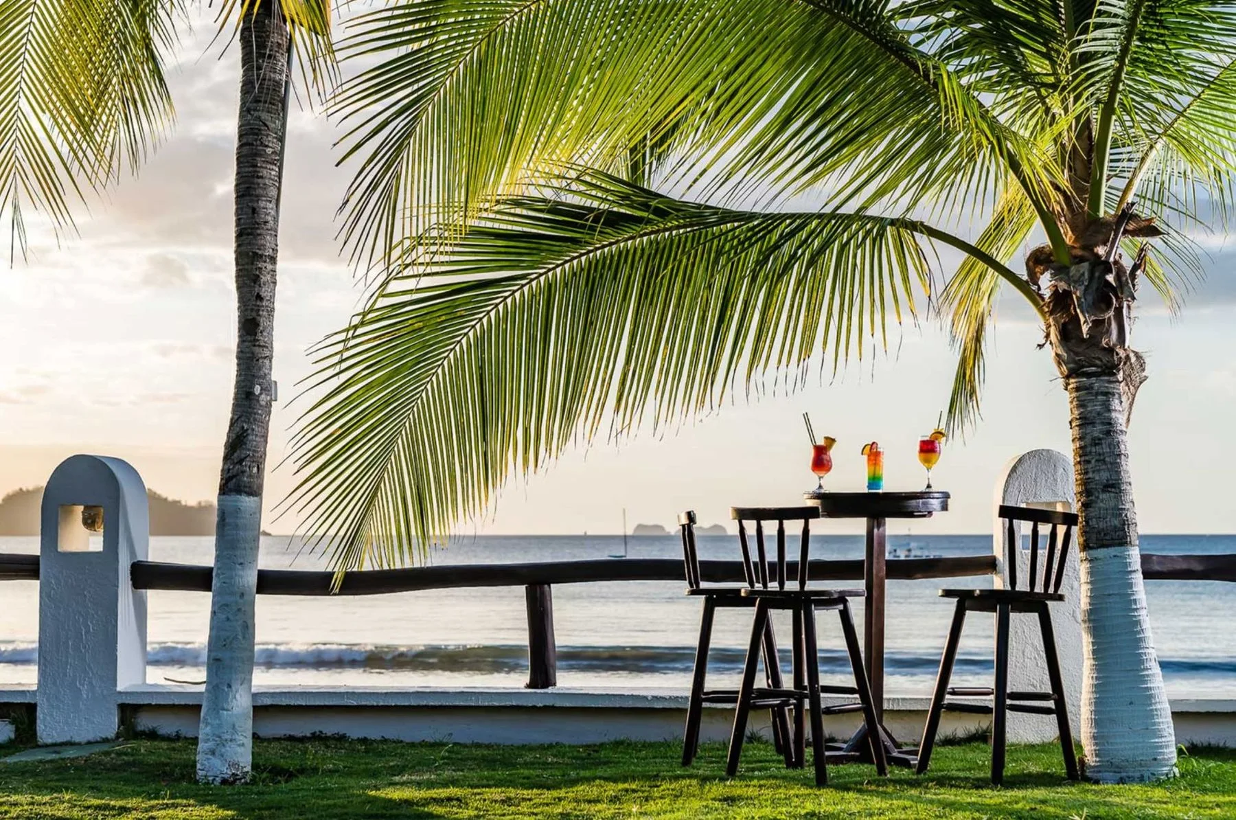 Cocktails on a table under a palm tree on the beaches of Playa Potrero, Costa Rica